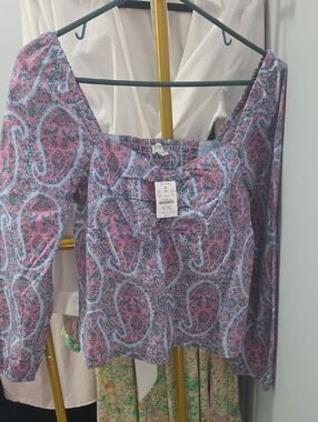 J. Crew Paisley Square-Neck Top in Pink and Light Blue
